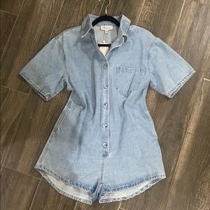 Light Blue Denim Short-Sleeve Romper by Feelkoo